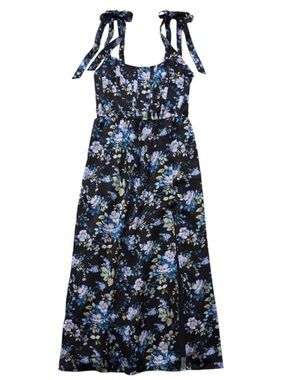 NWT American Eagle Satin Midi Corset Floral Tie Strap Dress Flirty w Side Slit